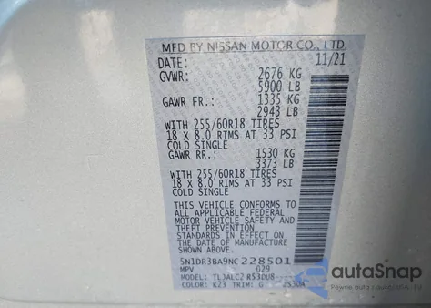 2022 Nissan Pathfinder Sv 2Wd from USA, damaged, VIN 5N1DR3BA9NC228501